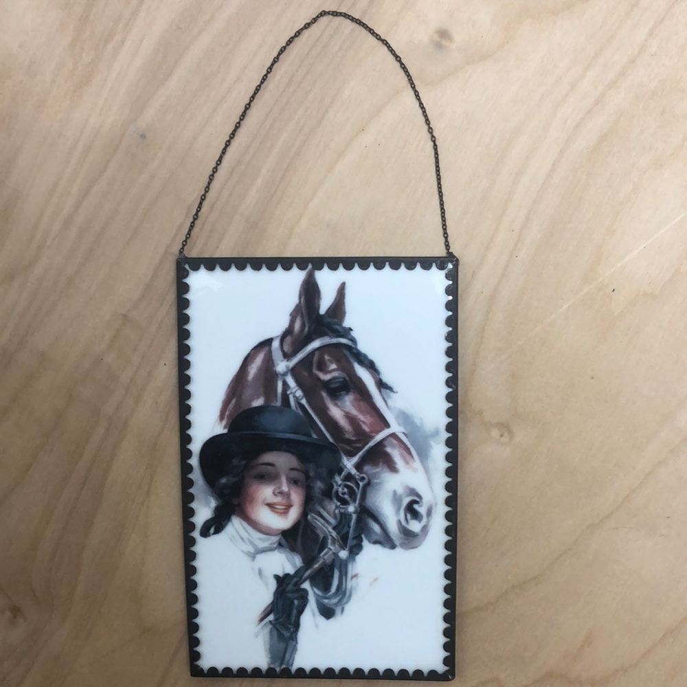 Equine Christmas Ceramic Postcard trimmed with metal scalloping w/hang chain
